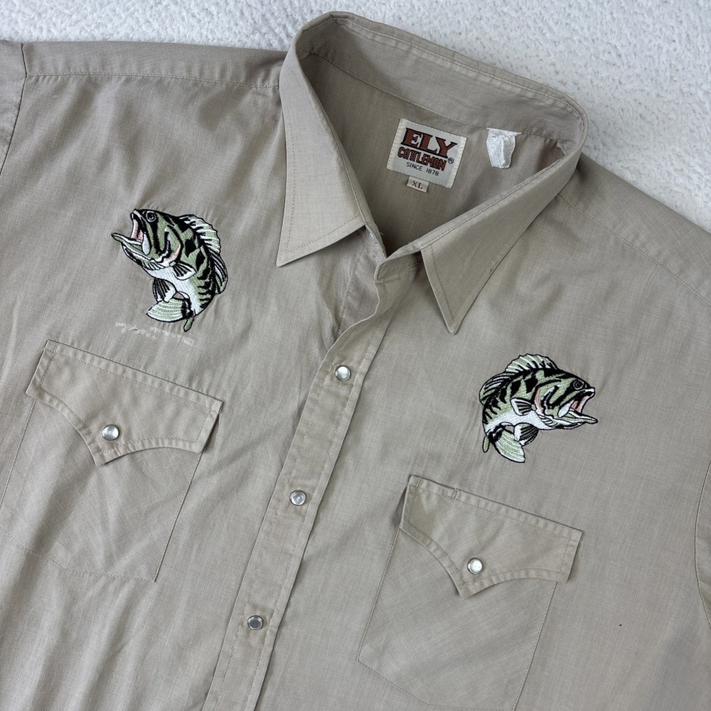 ELY CATTLEMAN Pearl Snap Embroidered Shirt Mens XL Short Sleeve Fish Button Up